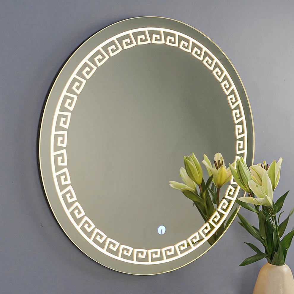 Luxart Ceramic LED Mirror – Beautiful Greek Key Motif LED Round Shape Bathroom Mirror