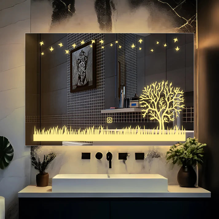 Luxart Ceramic - Rectangular Beautiful Theme Based Tree LED Bathroom Wall Mirror