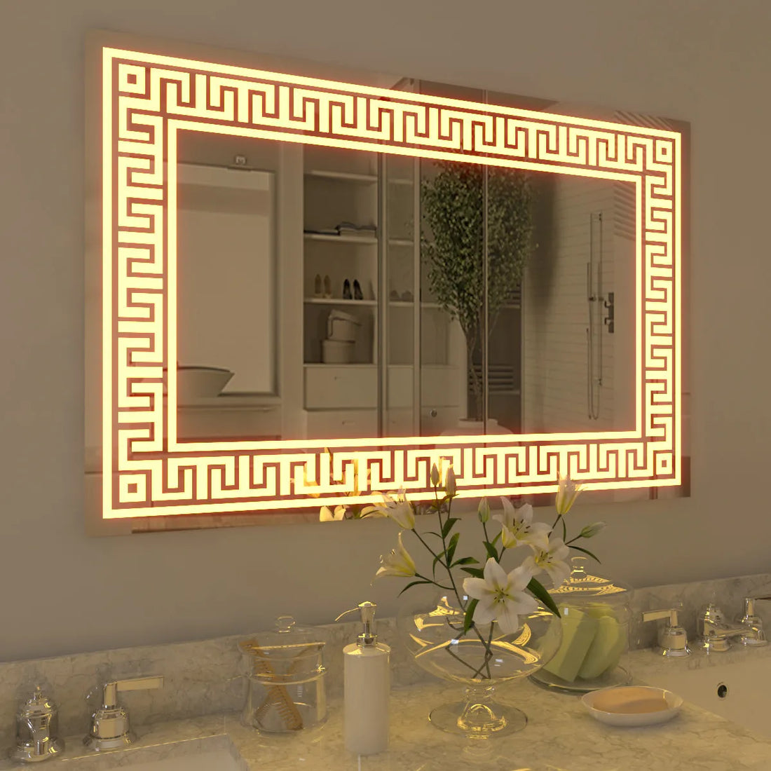 Luxart Ceramic Greek Key Motif LED Rectangular Bathroom Mirror